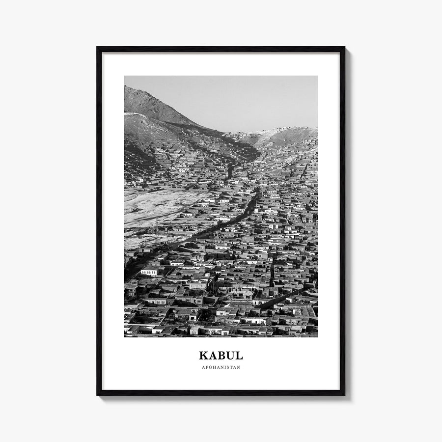 Kabul black & white classic poster of Afghanistan – vertical wall art, unframed print shown in interior mockup