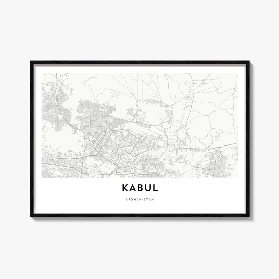 Kabul black & white map poster of Afghanistan – horizontal wall art, unframed print shown in interior mockup
