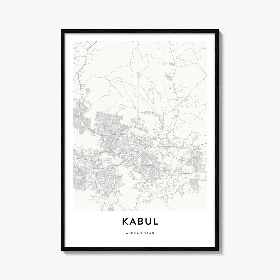 Kabul black & white map poster of Afghanistan – vertical wall art, unframed print shown in interior mockup