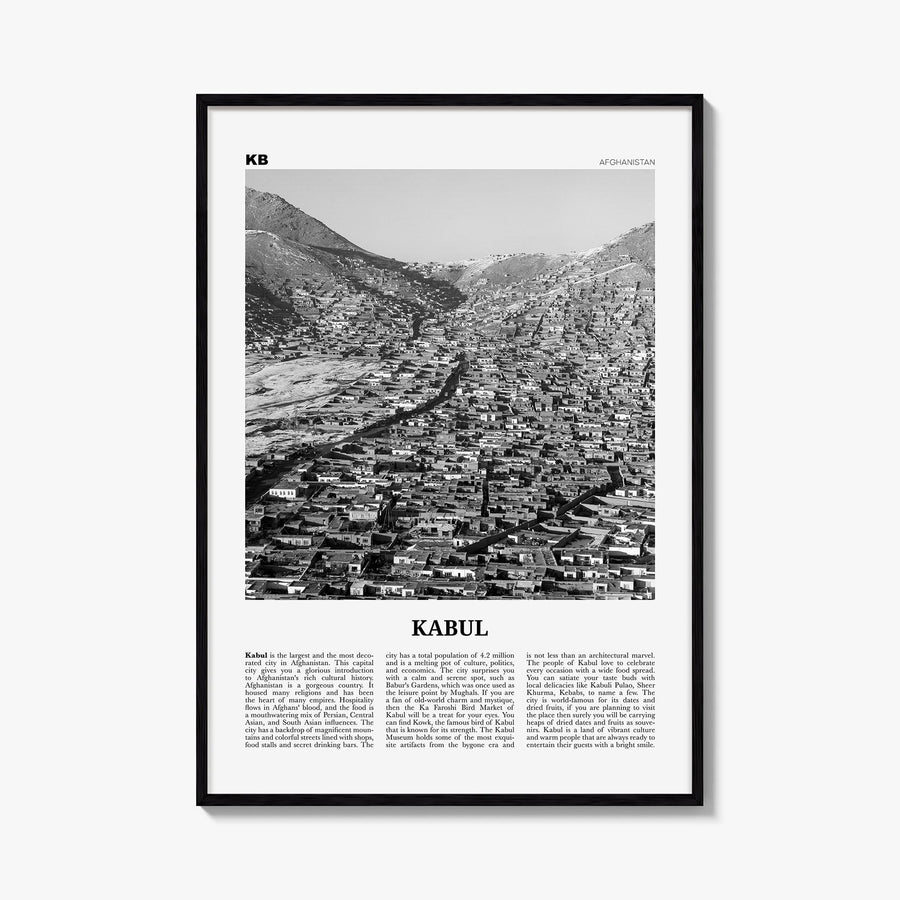 Kabul black & white newspaper poster of Afghanistan – vertical wall art, unframed print shown in interior mockup