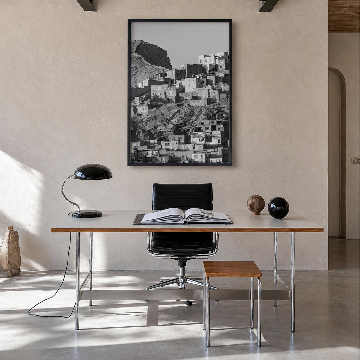 Kabul black & white photo poster of Afghanistan – vertical wall art in black wood frame, hanging on wall