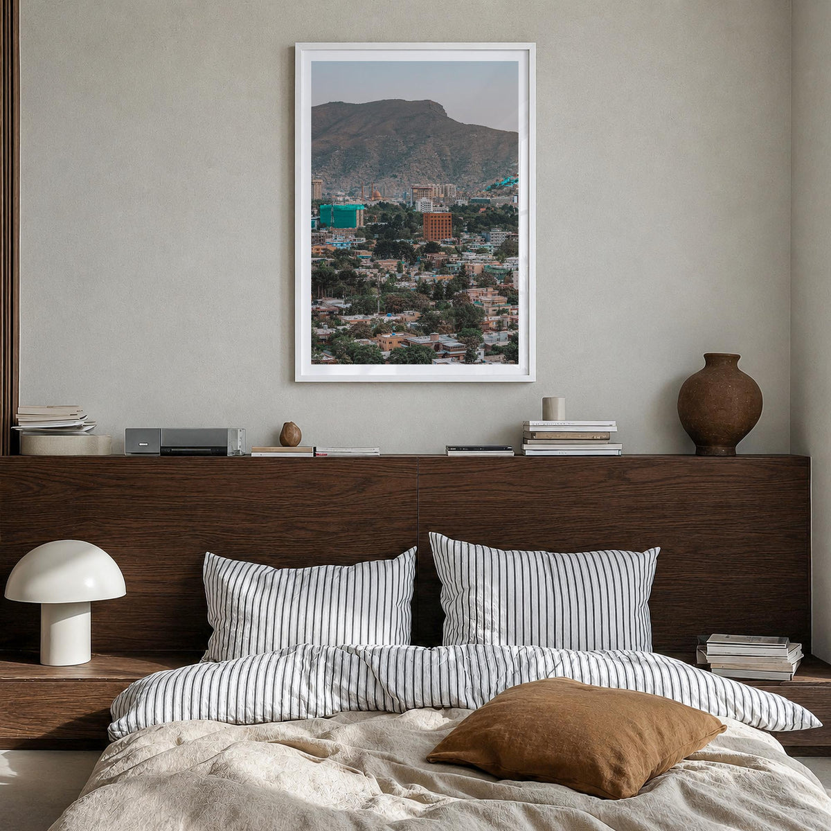 Kabul colorful photo poster of Afghanistan – vertical wall art in white wood frame with white border, hanging on wall