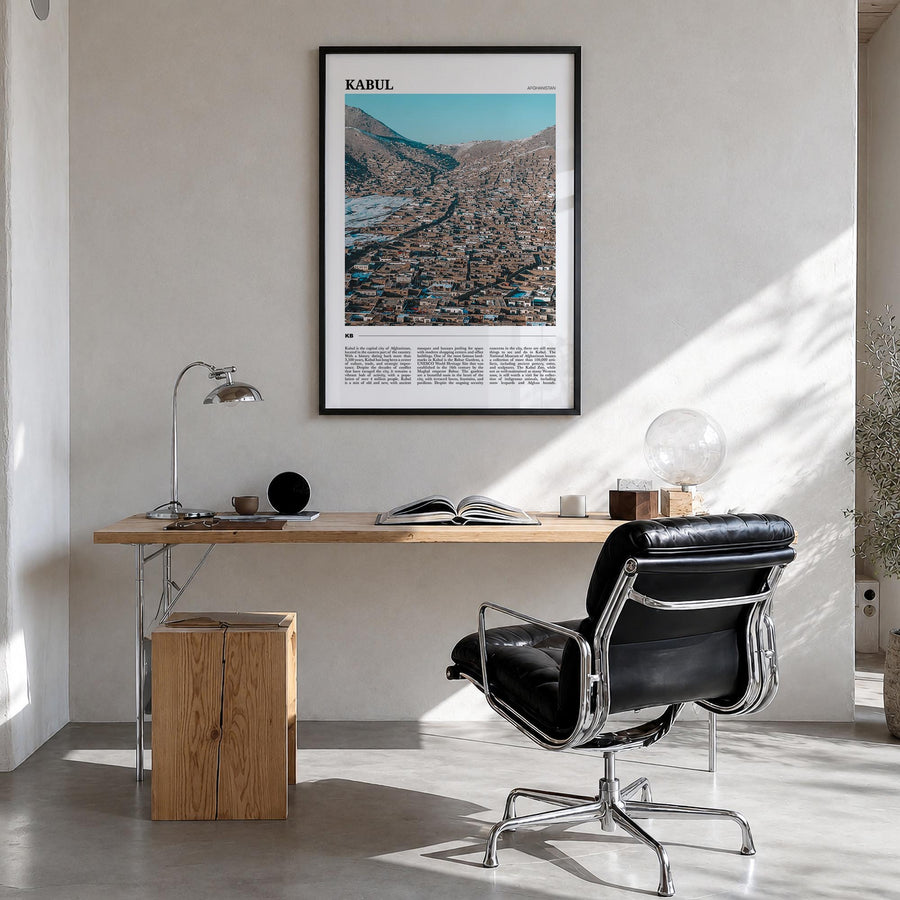 Kabul colorful travel poster of Afghanistan – vertical wall art in black wood frame, hanging on wall