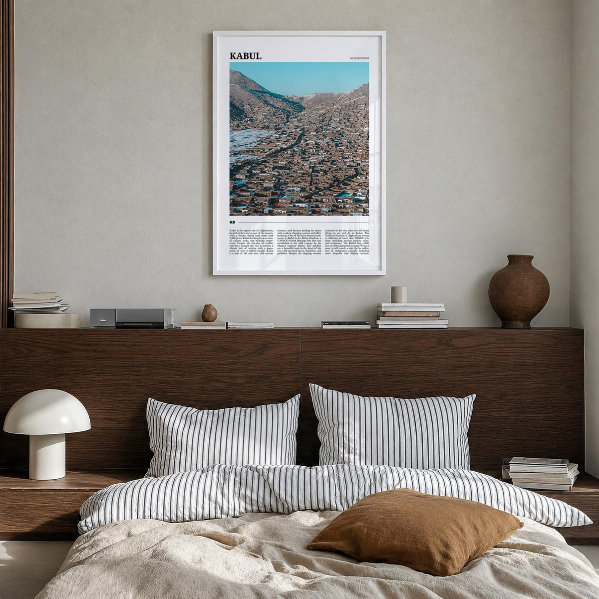 Kabul colorful travel poster of Afghanistan – vertical wall art in white wood frame, hanging on wall