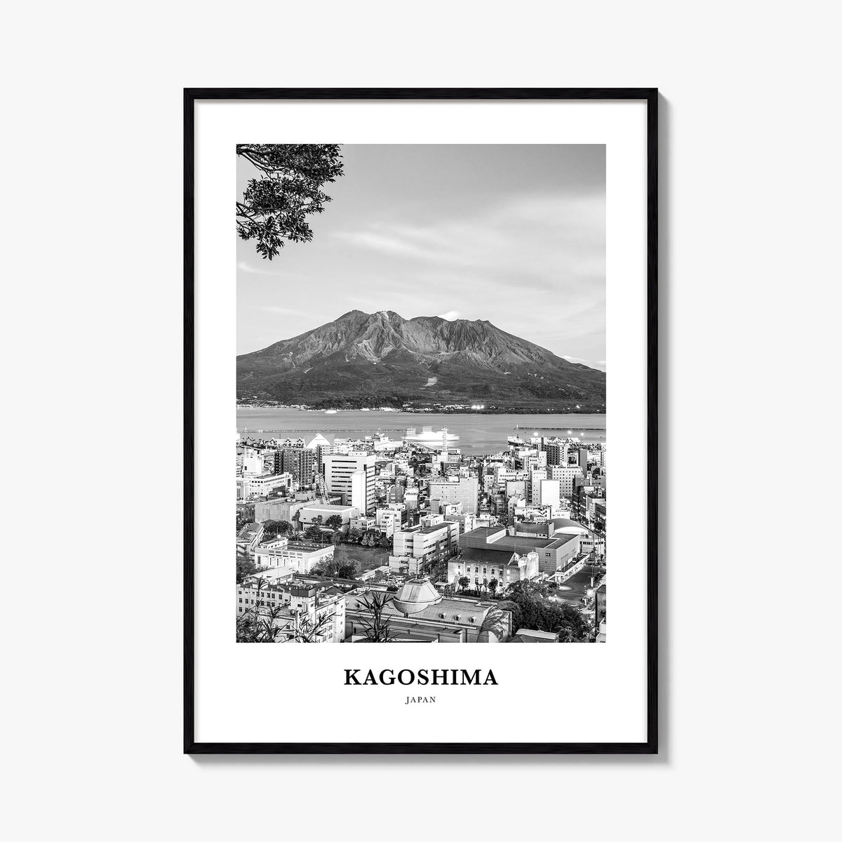 Kagoshima black & white classic poster of Japan – vertical wall art, unframed print shown in interior mockup