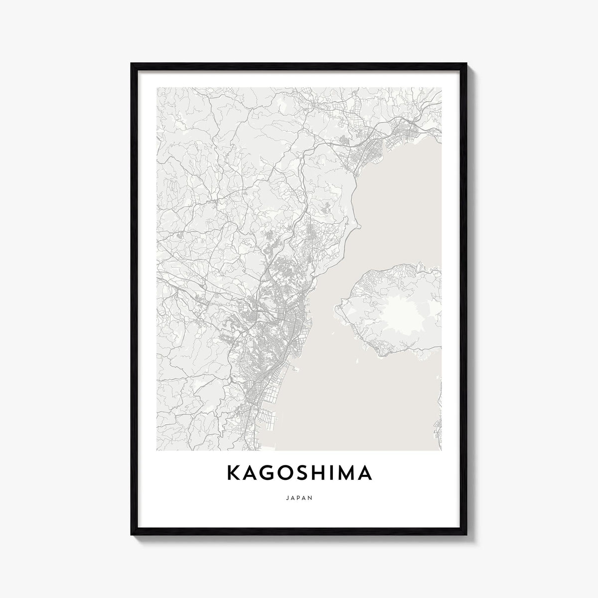 Kagoshima black & white map poster of Japan – vertical wall art, unframed print shown in interior mockup