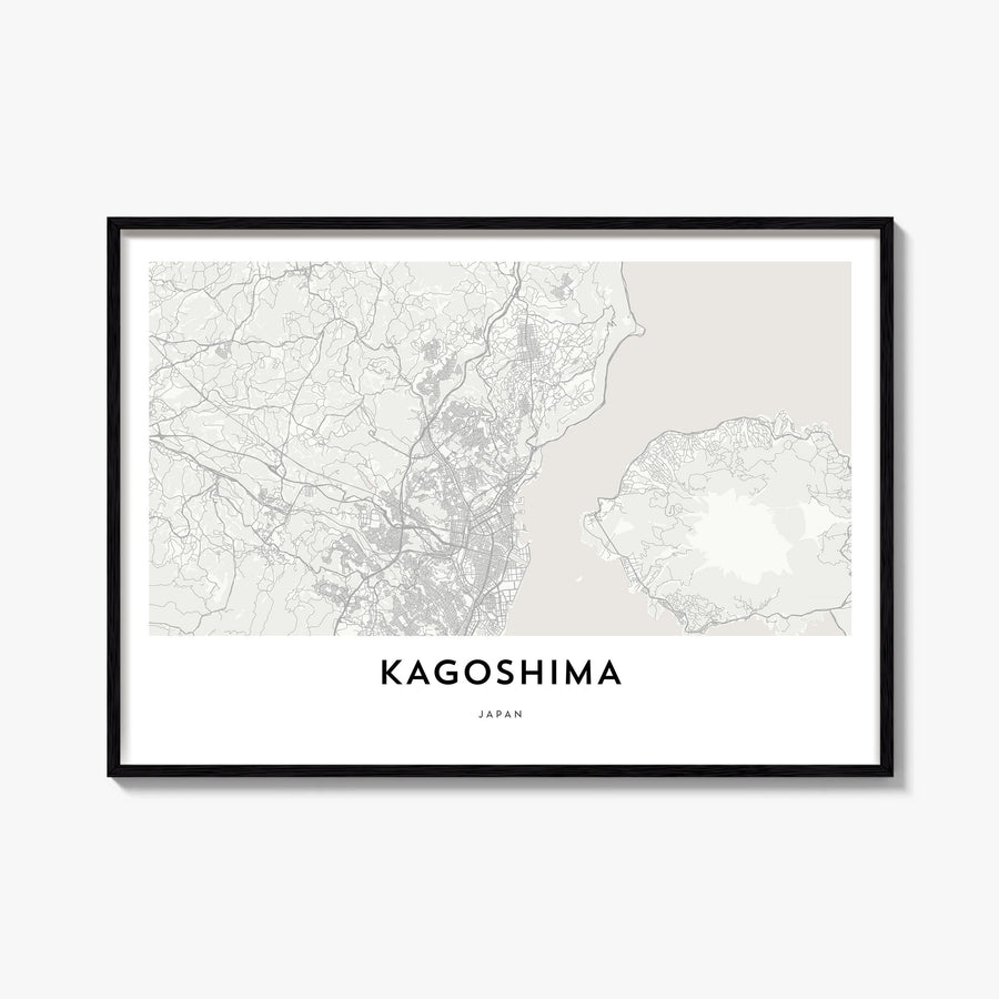 Kagoshima black & white map poster of Japan – horizontal wall art, unframed print shown in interior mockup