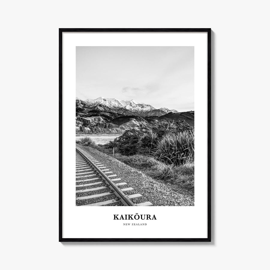 Kaikōura black & white classic poster of New Zealand – vertical wall art, unframed print shown in interior mockup