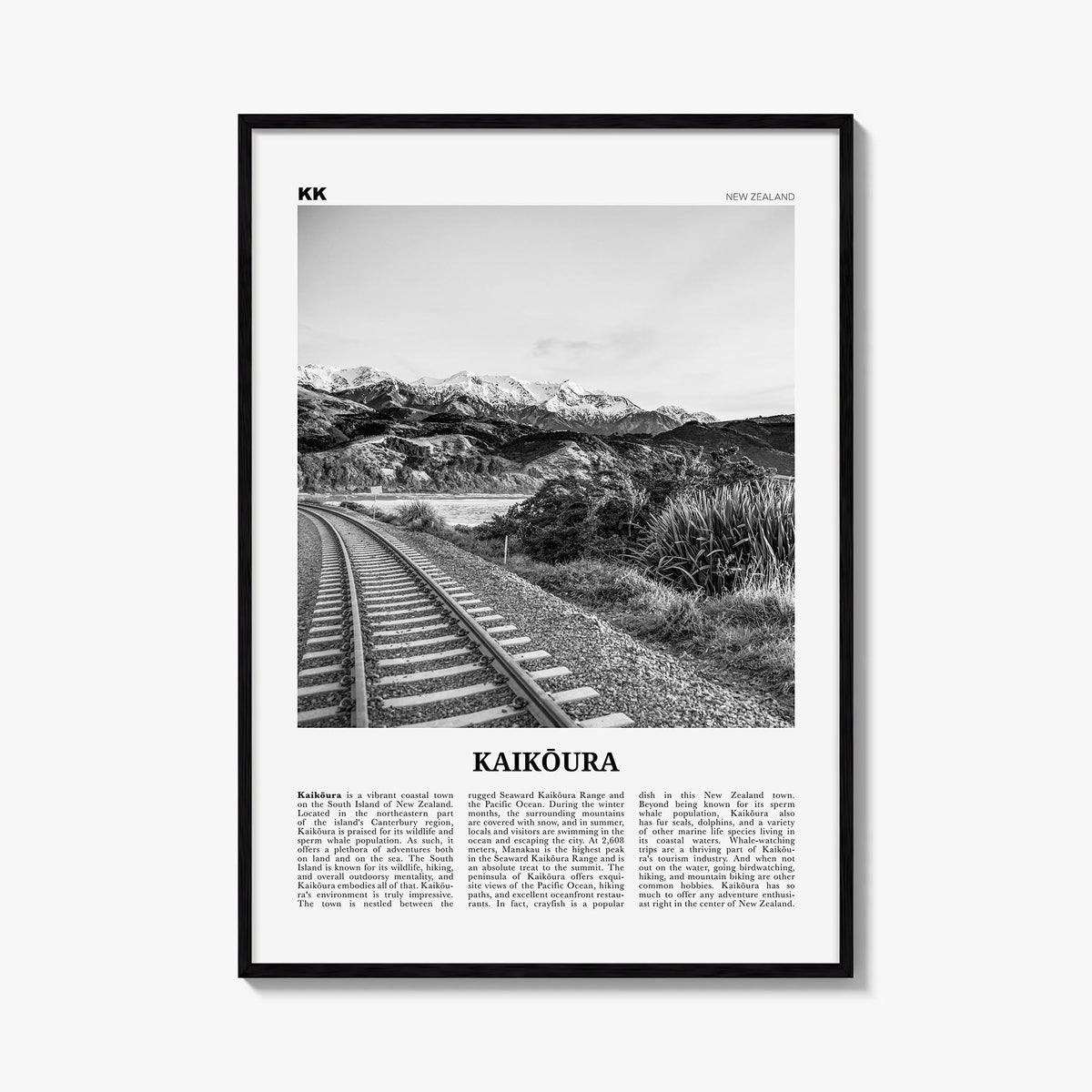Kaikōura black & white newspaper poster of New Zealand – vertical wall art, unframed print shown in interior mockup