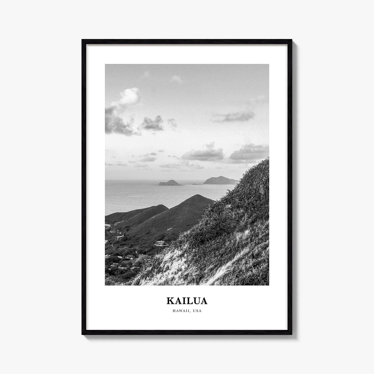 Kailua black & white classic poster of Hawaii, USA – vertical wall art, unframed print shown in interior mockup
