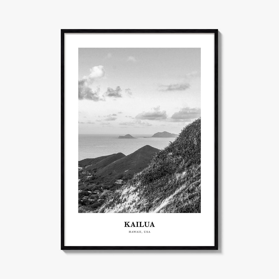 Kailua black & white classic poster of Hawaii, USA – vertical wall art, unframed print shown in interior mockup