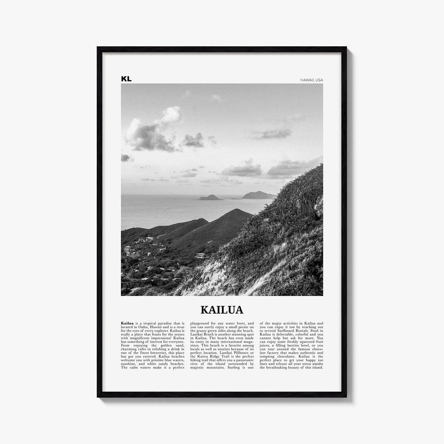 Kailua black & white newspaper poster of Hawaii, USA – vertical wall art, unframed print shown in interior mockup