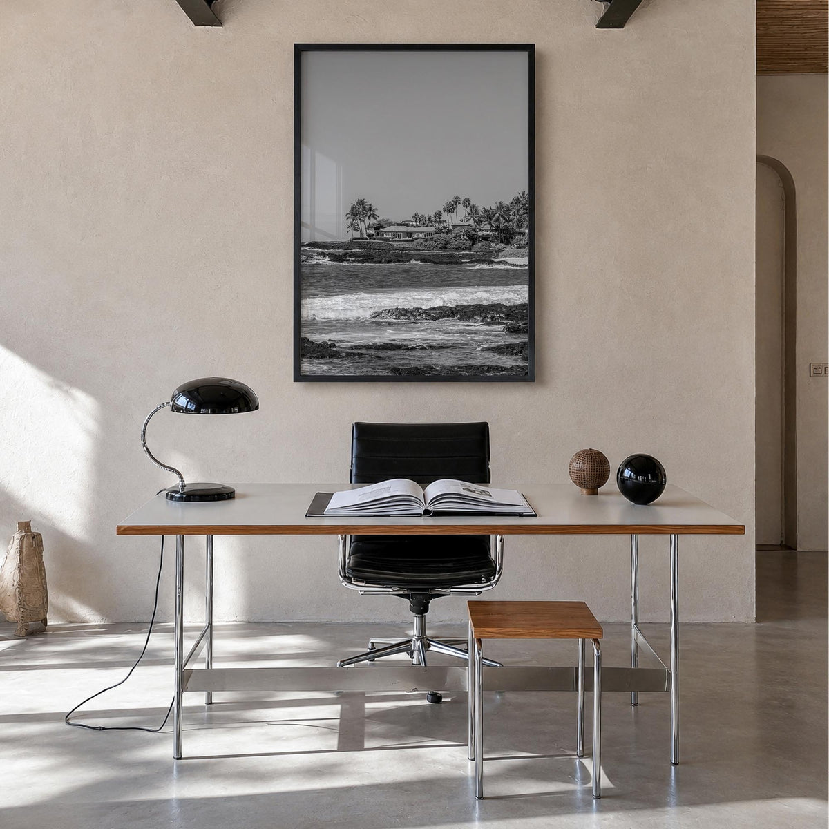 Kailua black & white photo poster of Hawaii, USA – vertical wall art in black wood frame, hanging on wall