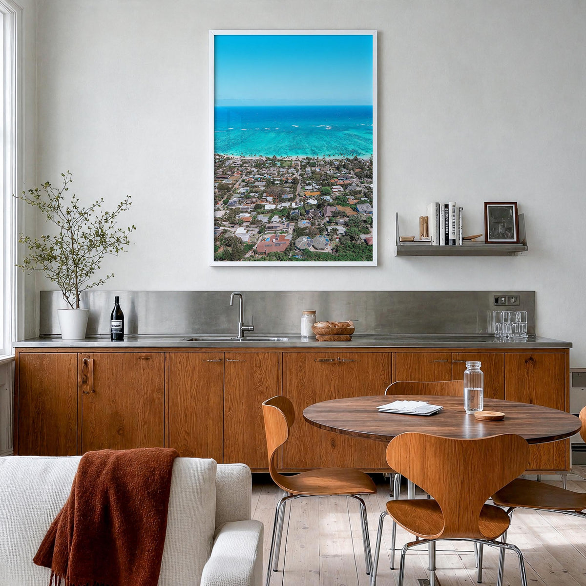Kailua colorful photo poster of Hawaii, USA – vertical wall art in white wood frame, hanging on wall