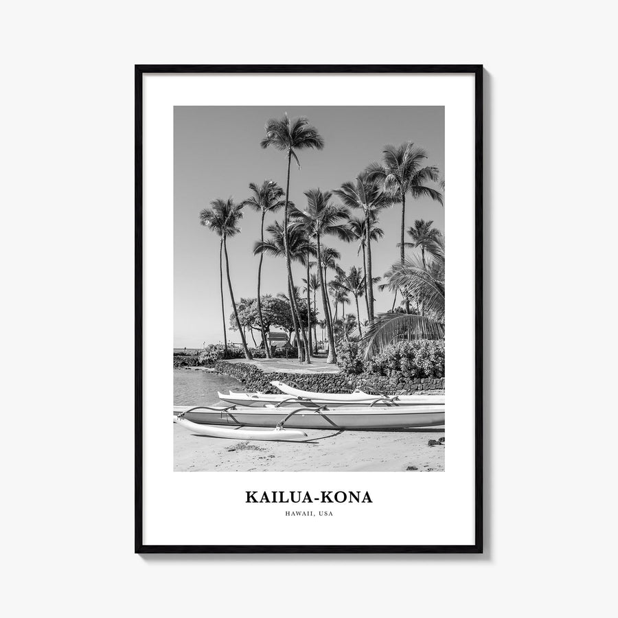 Kailua-Kona black & white classic poster of Hawaii, USA – vertical wall art, unframed print shown in interior mockup