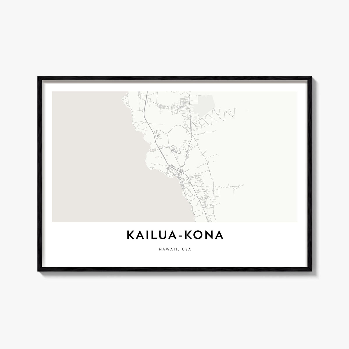 Kailua-Kona black & white map poster of Hawaii, USA – horizontal wall art, unframed print shown in interior mockup