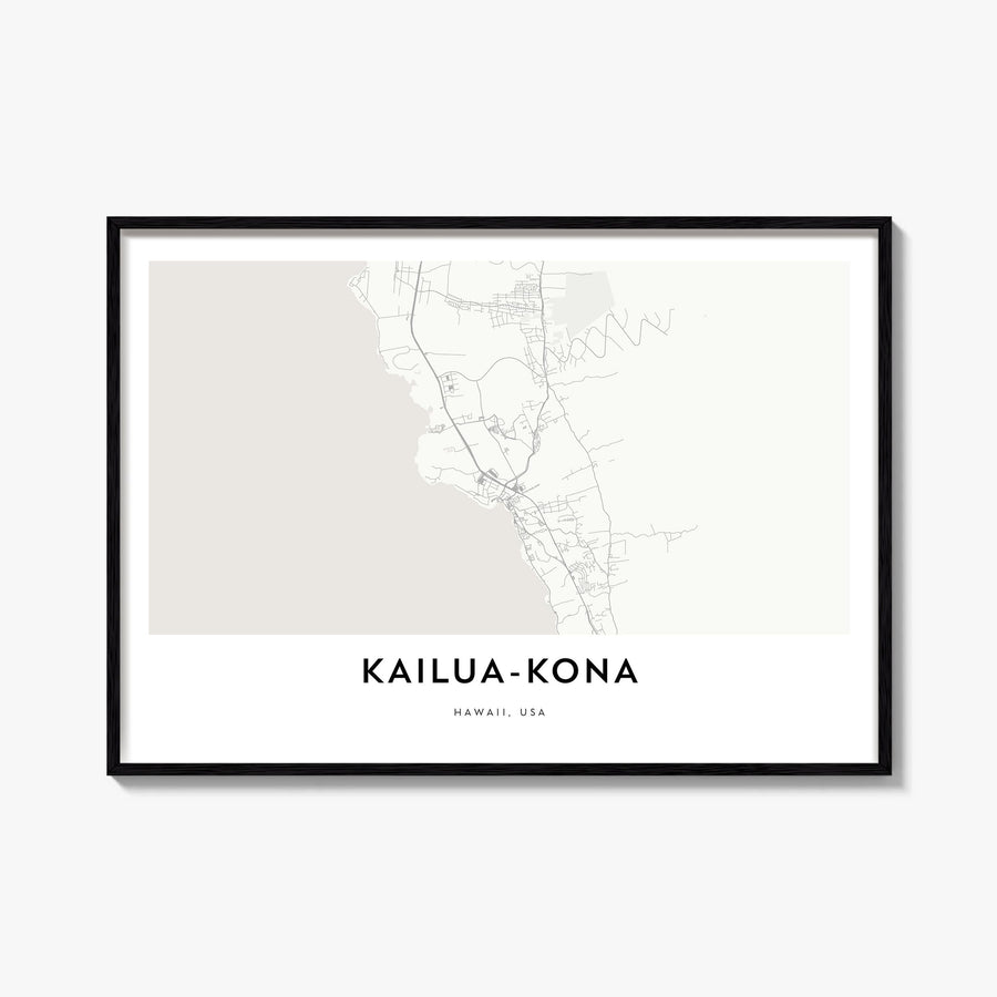 Kailua-Kona black & white map poster of Hawaii, USA – horizontal wall art, unframed print shown in interior mockup