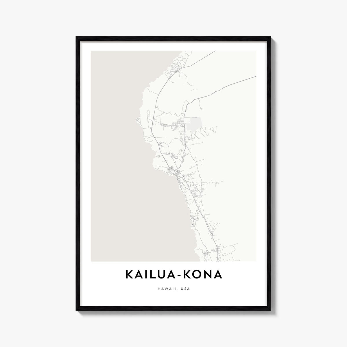 Kailua-Kona black & white map poster of Hawaii, USA – vertical wall art, unframed print shown in interior mockup