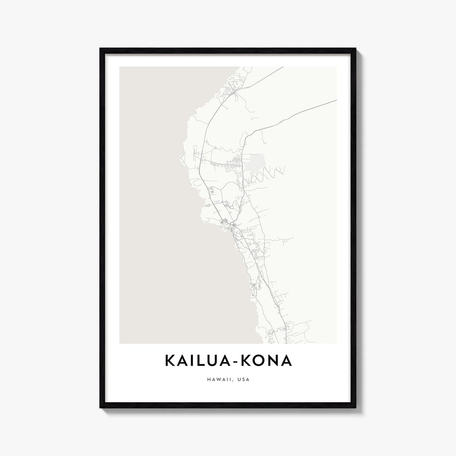 Kailua-Kona black & white map poster of Hawaii, USA – vertical wall art, unframed print shown in interior mockup