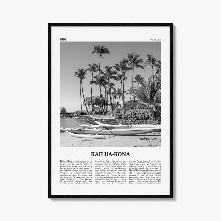 Kailua-Kona black & white newspaper poster of Hawaii, USA – vertical wall art, unframed print shown in interior mockup