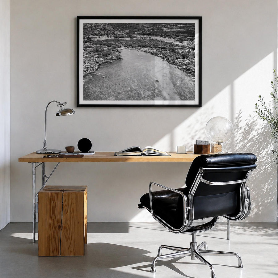 Kailua-Kona black & white photo poster of Hawaii, USA – horizontal wall art in black wood frame with white border, hanging on
