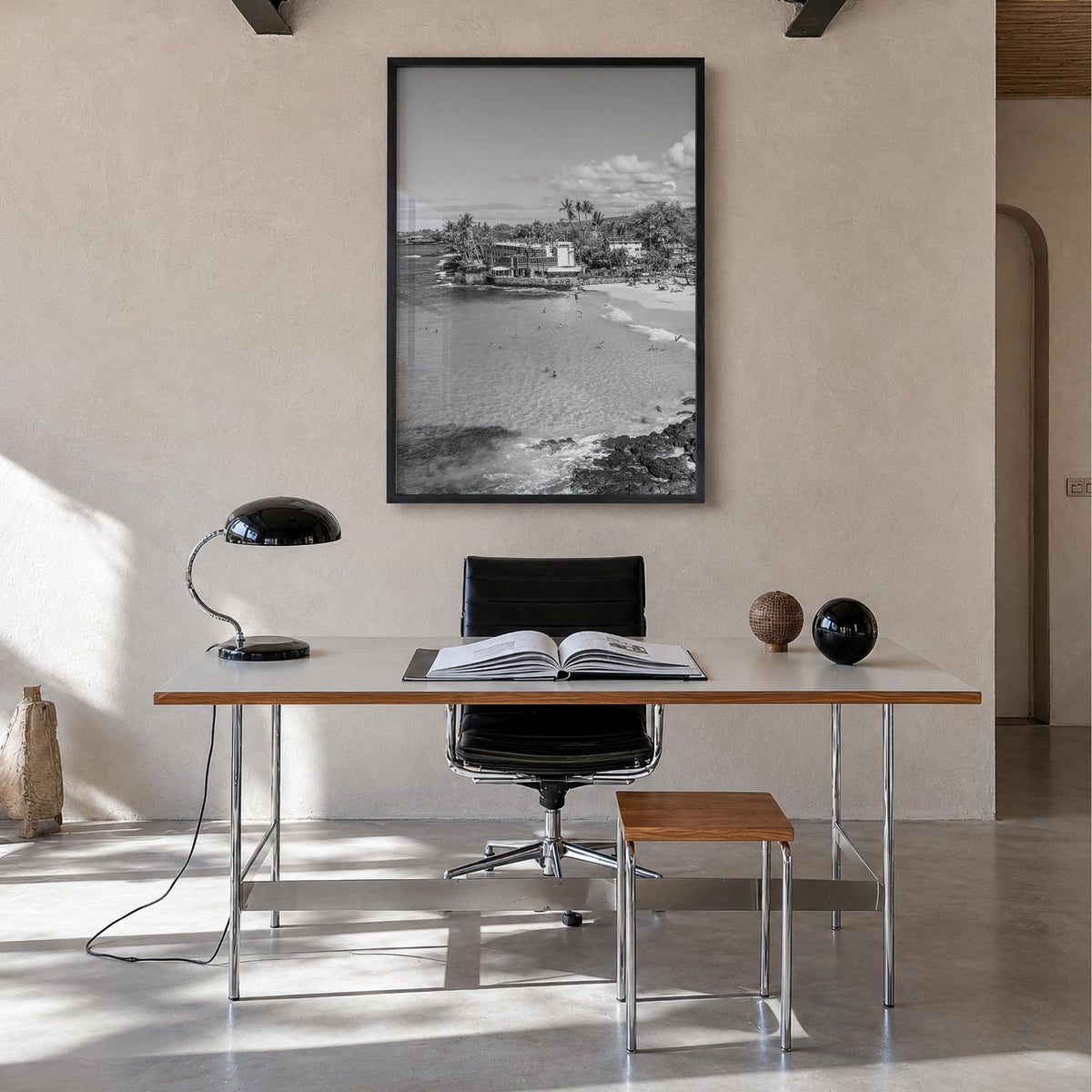 Kailua-Kona black & white photo poster of Hawaii, USA – vertical wall art in black wood frame, hanging on wall