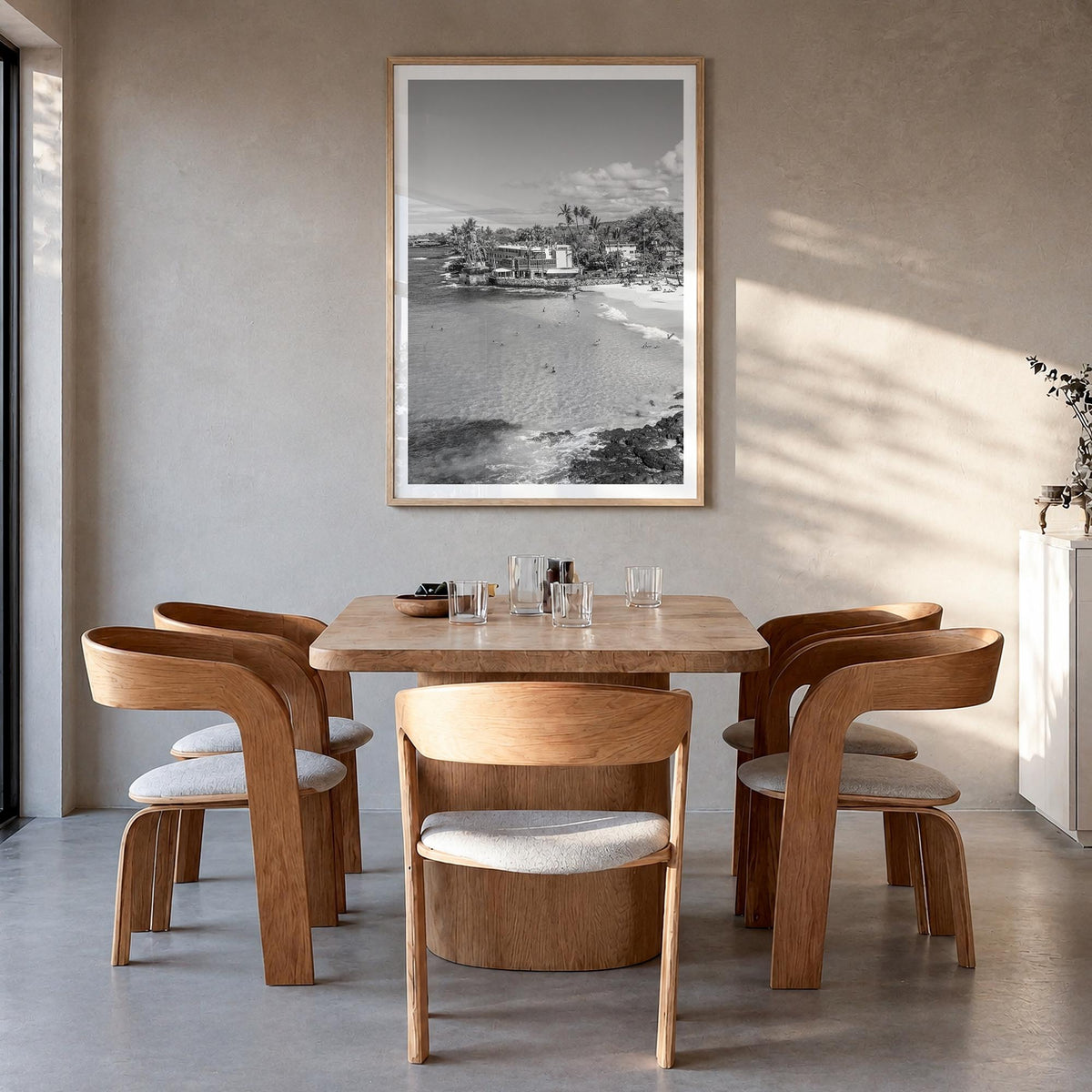 Kailua-Kona black & white photo poster of Hawaii, USA – vertical wall art in natural wood frame with white border, hanging on