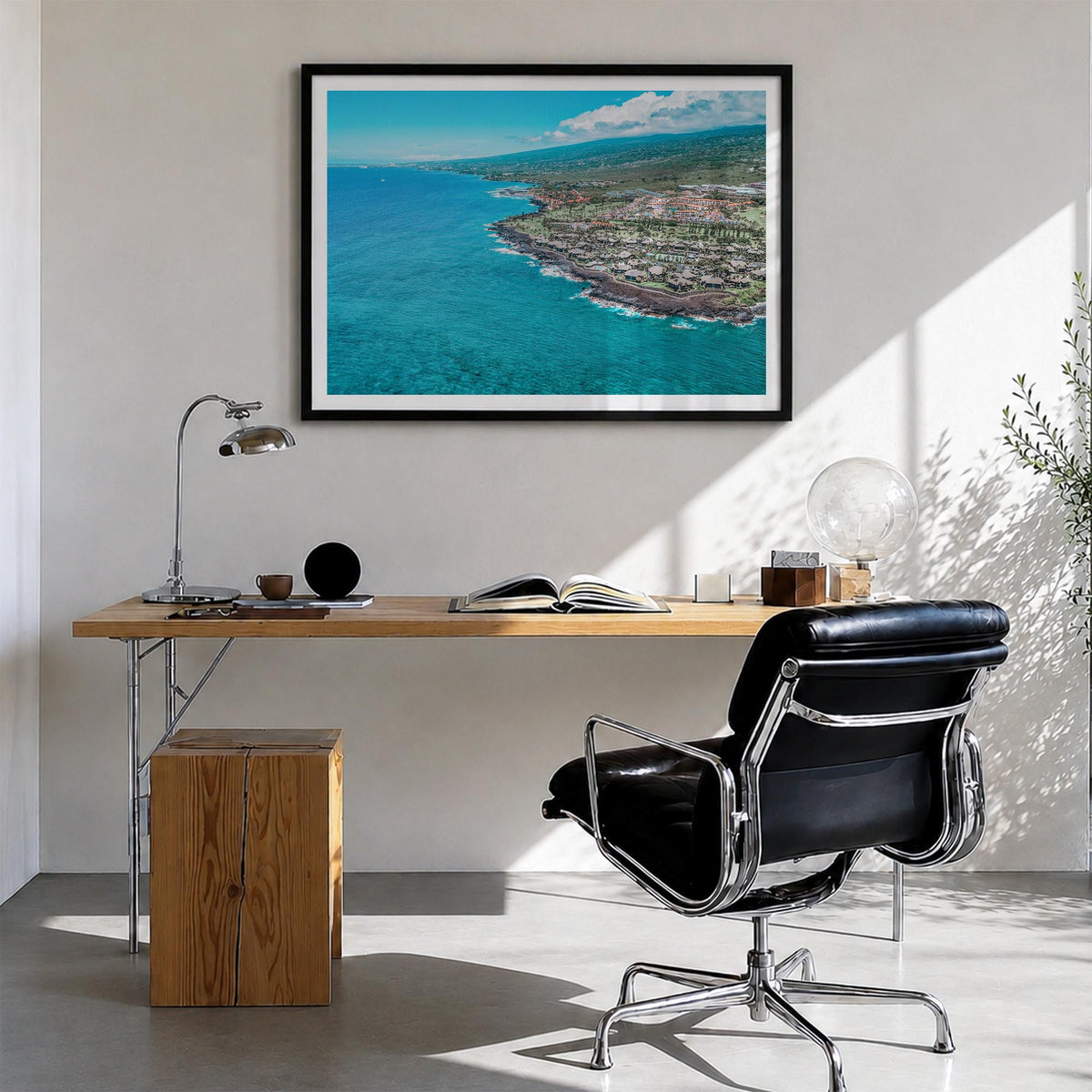 Kailua-Kona colorful photo poster of Hawaii, USA – horizontal wall art in black wood frame with white border, hanging on wall