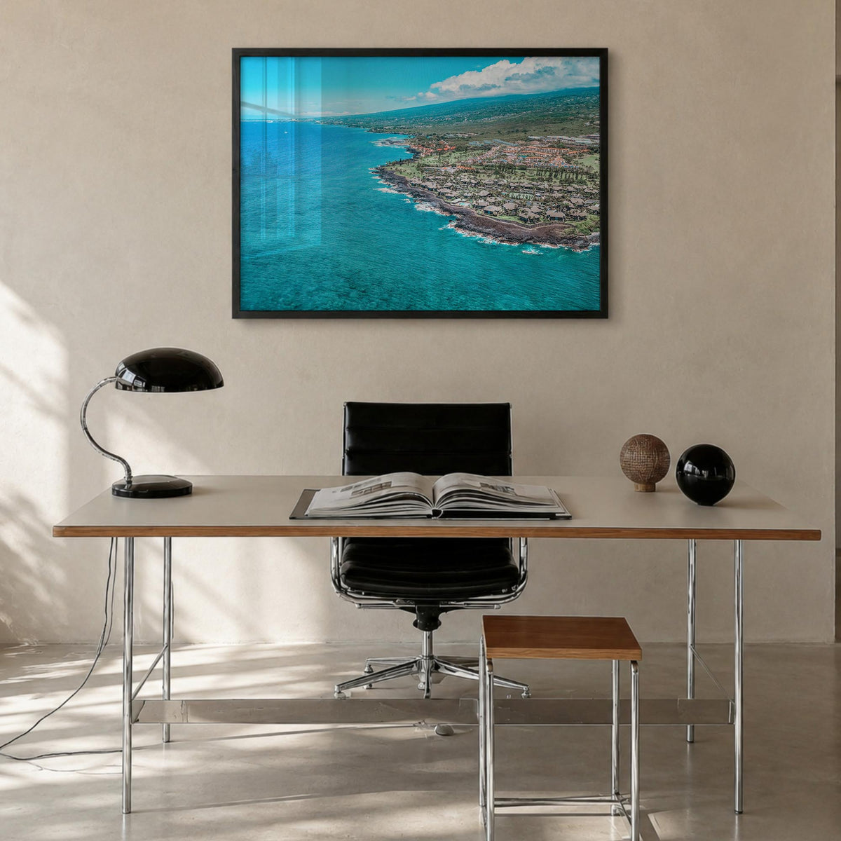 Kailua-Kona colorful photo poster of Hawaii, USA – horizontal wall art in black wood frame, hanging on wall