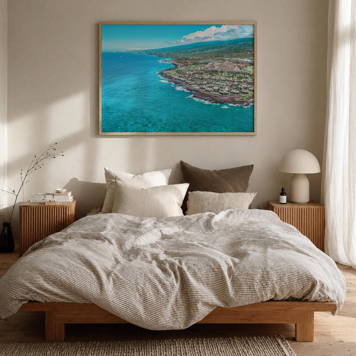 Kailua-Kona colorful photo poster of Hawaii, USA – horizontal wall art in natural wood frame, hanging on wall