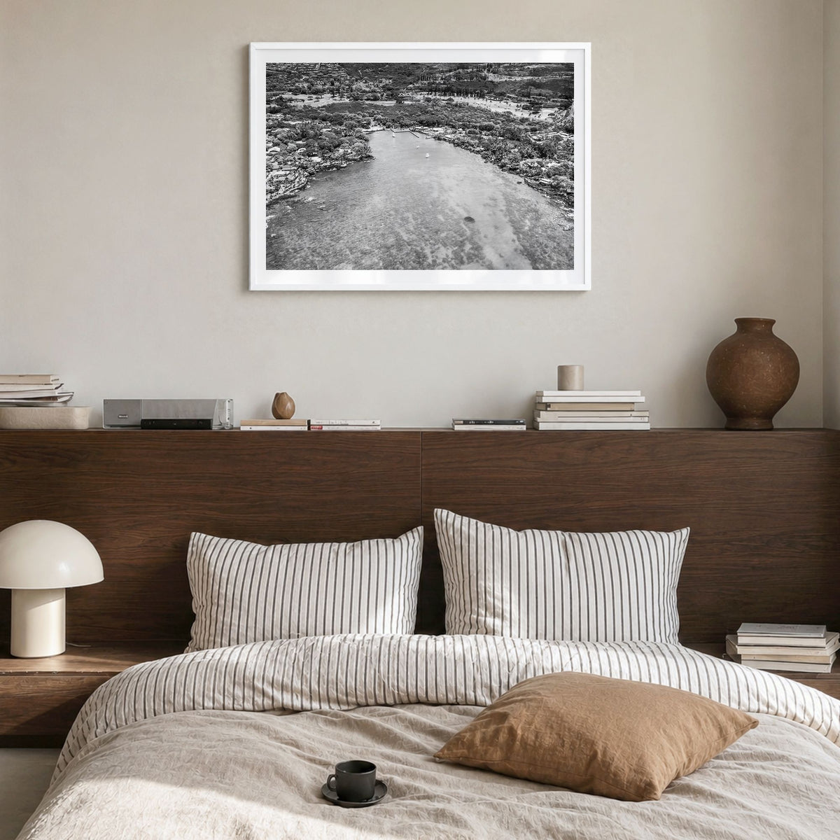 Kailua-Kona Photo Poster in a white wood frame, hanging in a bedroom, white border