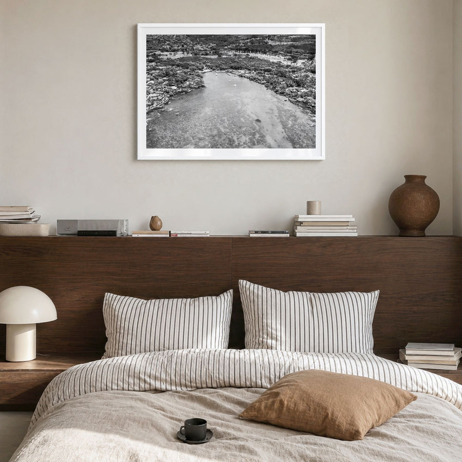 Kailua-Kona Photo Poster in a white wood frame, hanging in a bedroom, white border