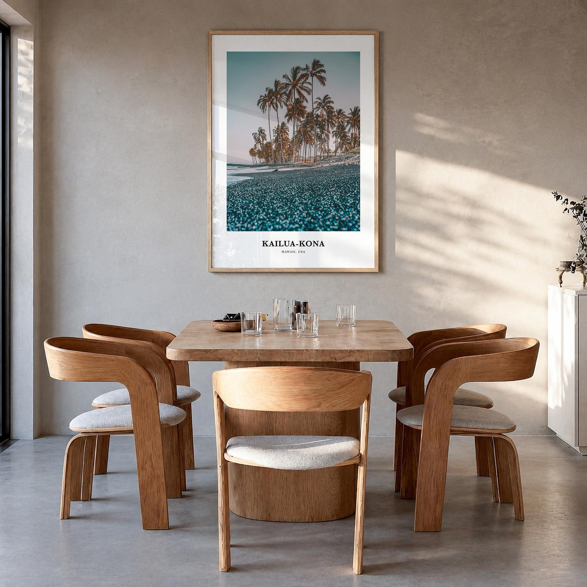 Kailua-Kona no. 1 colorful classic poster of Hawaii, USA – vertical wall art in natural wood frame, hanging on wall