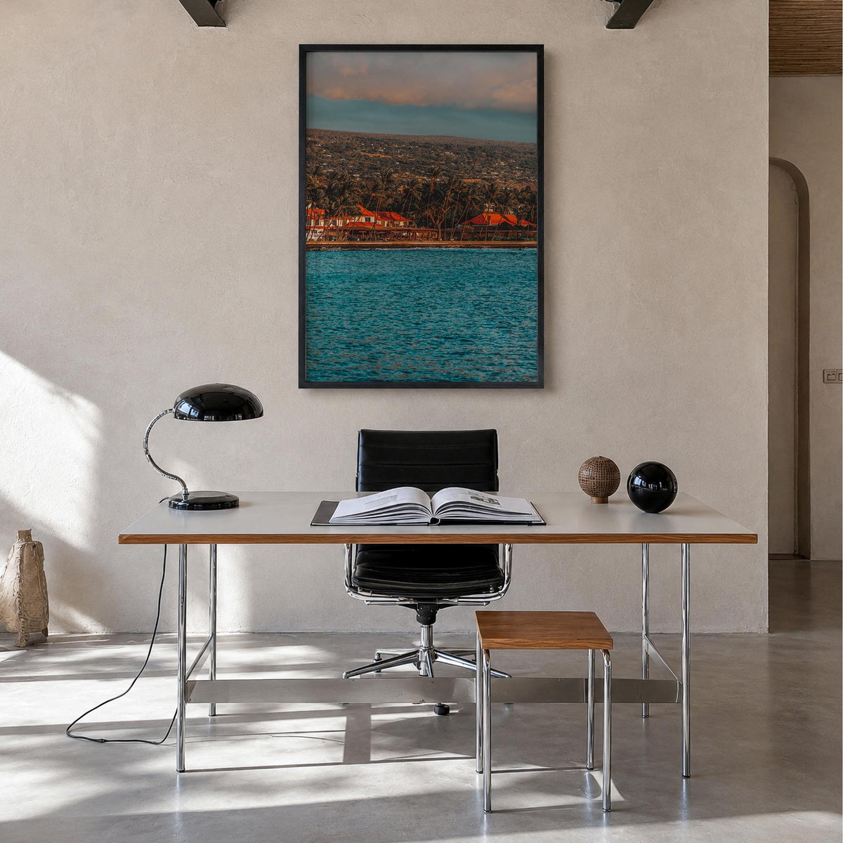 Kailua-Kona no. 1 colorful photo poster of Hawaii, USA – vertical wall art in black wood frame, hanging on wall