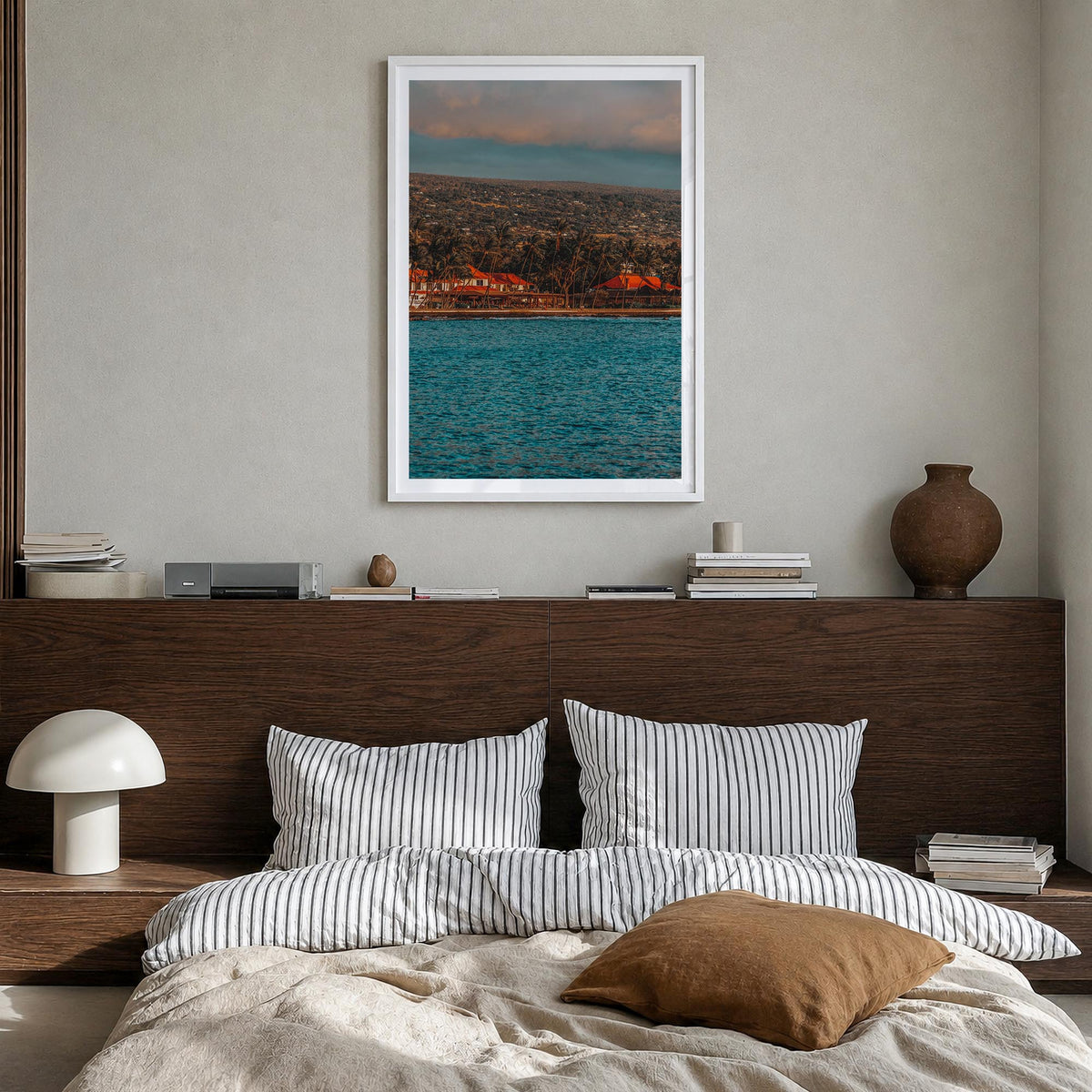 Kailua-Kona no. 1 colorful photo poster of Hawaii, USA – vertical wall art in white wood frame with white border, hanging on 