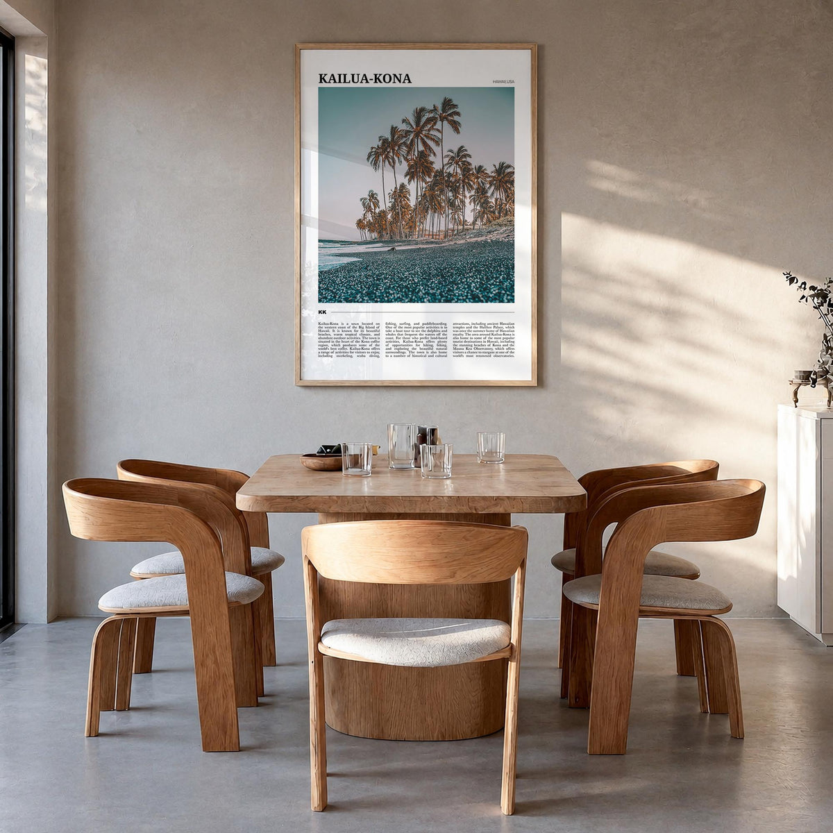 Kailua-Kona no. 1 colorful travel poster of Hawaii, USA – vertical wall art in natural wood frame, hanging on wall
