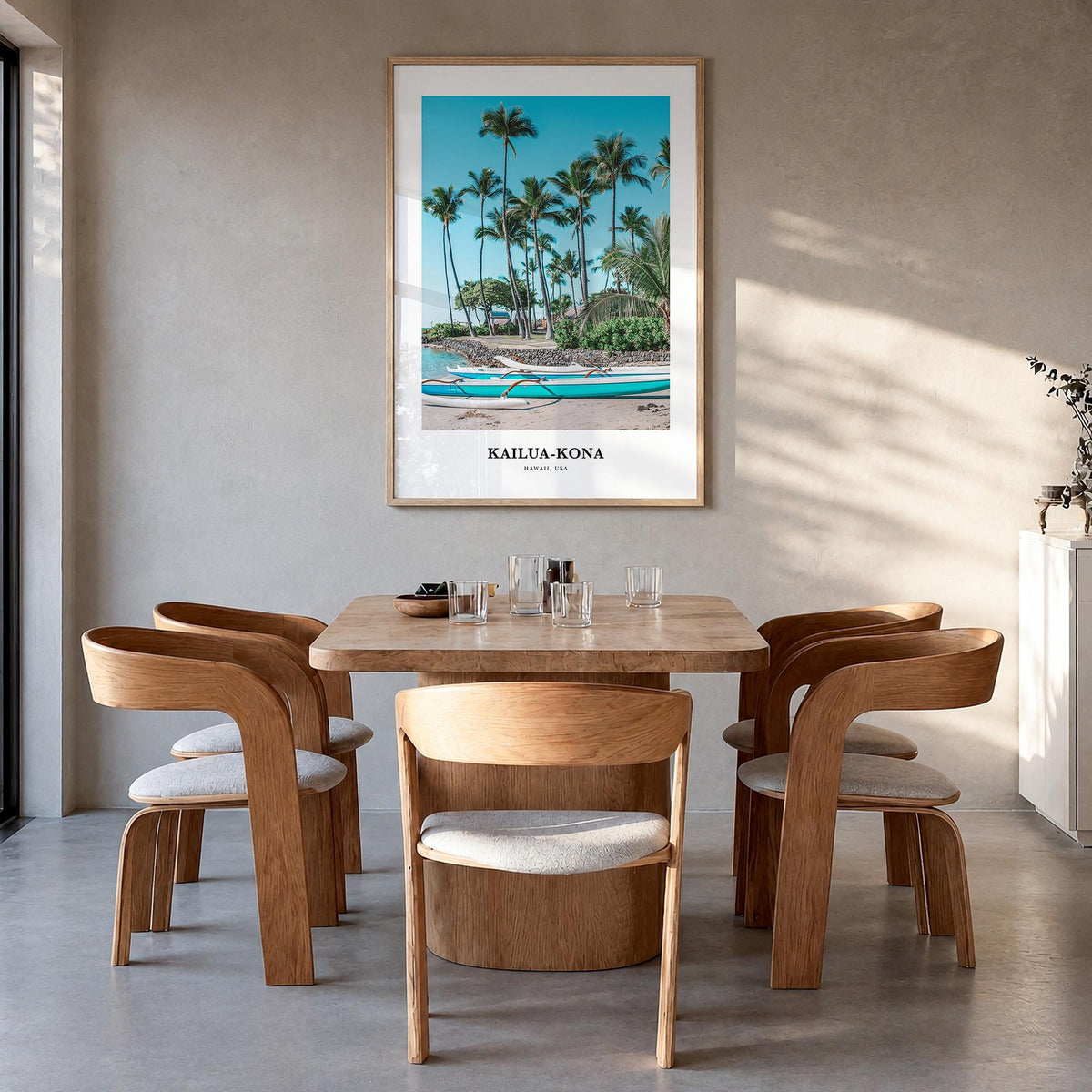 Kailua-Kona no. 2 colorful classic poster of Hawaii, USA – vertical wall art in natural wood frame, hanging on wall
