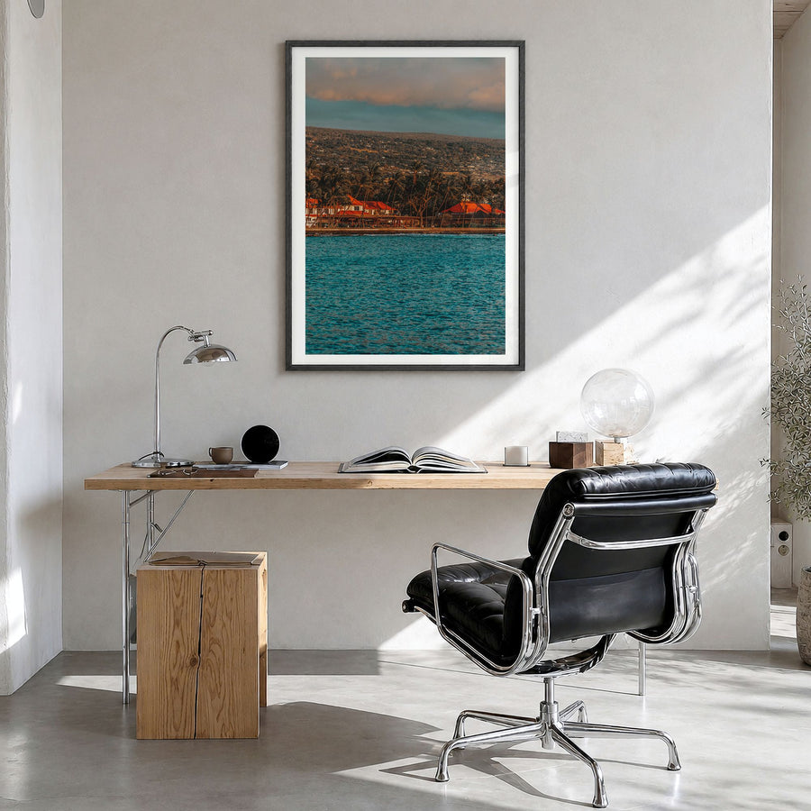 Kailua-Kona Photo No 1 Poster in a black wood frame, hanging in a bright home office, white border