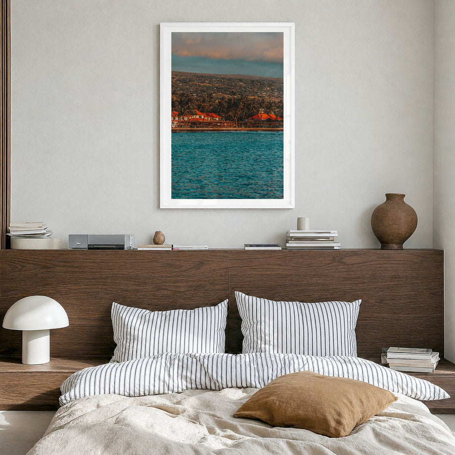 Kailua-Kona Photo No 1 Poster in a white wood frame, hanging in a bedroom, white border