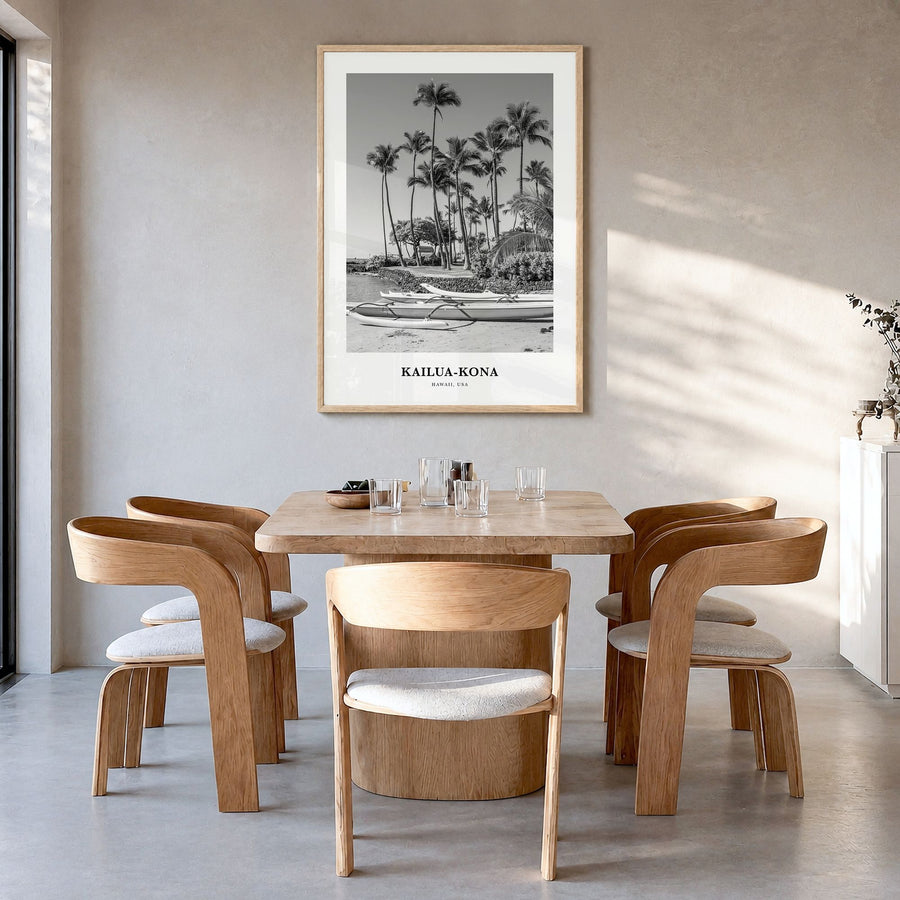 Kailua-Kona Classic Poster in a natural wood frame, hanging in a dining room