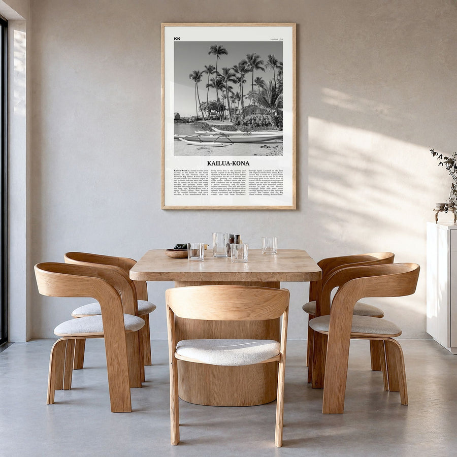 Kailua-Kona Newspaper Poster in a natural wood frame, hanging in a dining room