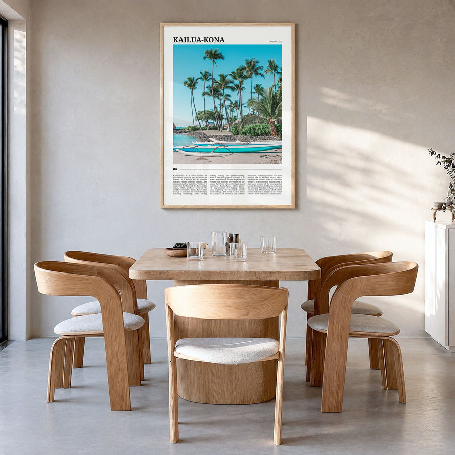 Kailua-Kona Travel No 2 Poster in a natural wood frame, hanging in a dining room