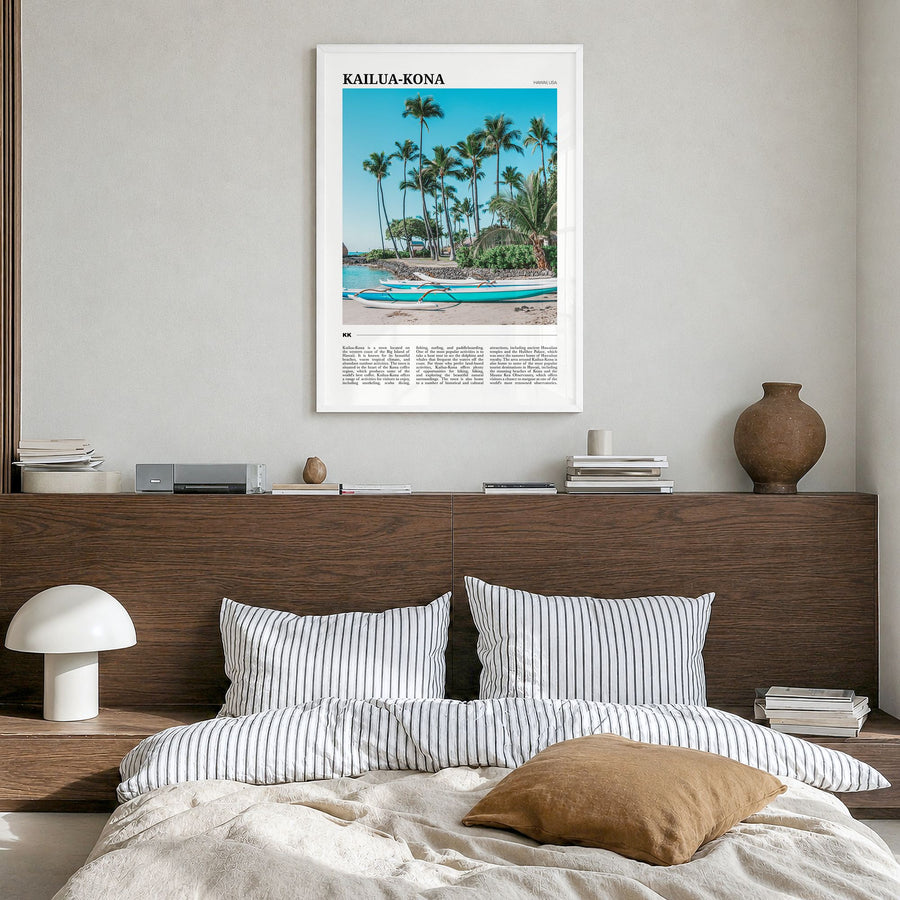 Kailua-Kona Travel No 2 Poster in a white wood frame, hanging in a bedroom