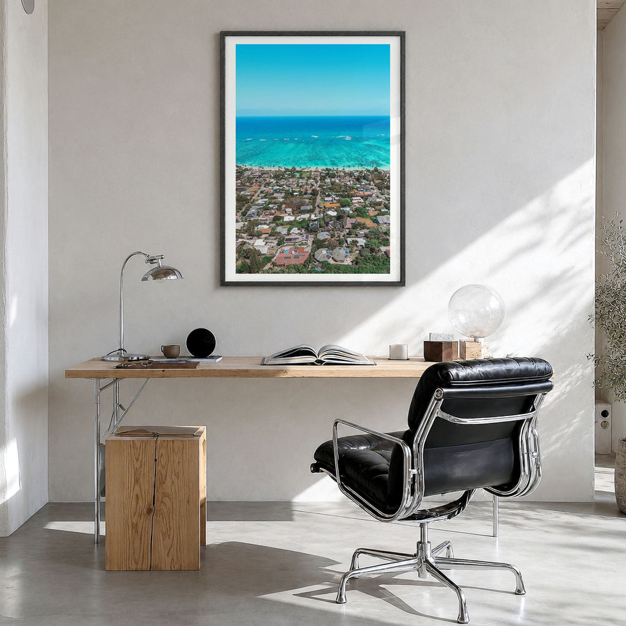 Kailua, Oahu Photo Poster in a black wood frame, hanging in a bright home office, white border
