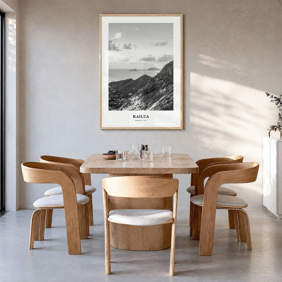 Kailua, Oahu Classic Poster in a natural wood frame, hanging in a dining room