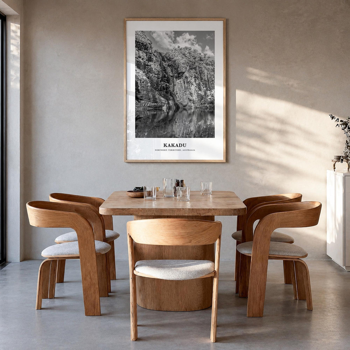 Kakadu black & white classic poster of Australia – vertical wall art in natural wood frame, hanging on wall