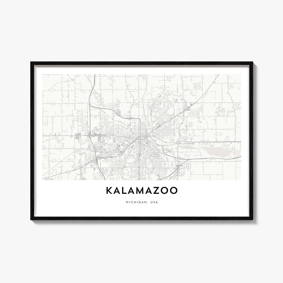 Kalamazoo black & white map poster of Michigan, USA – horizontal wall art, unframed print shown in interior mockup