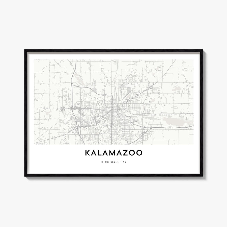 Kalamazoo black & white map poster of Michigan, USA – horizontal wall art, unframed print shown in interior mockup