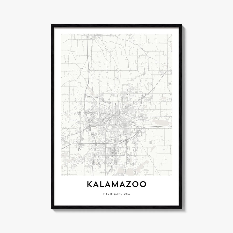 Kalamazoo black & white map poster of Michigan, USA – vertical wall art, unframed print shown in interior mockup