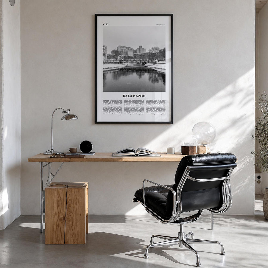 Kalamazoo black & white newspaper poster of Michigan, USA – vertical wall art in black wood frame, hanging on wall